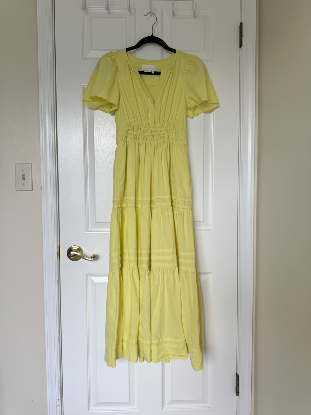 Anthropologie Lemon Yellow Tiered V-Neck Maxi Dress